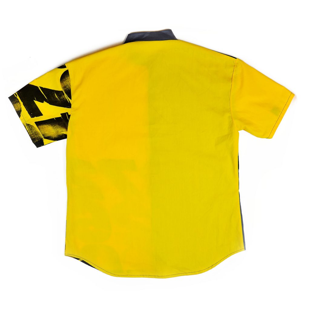 grey and yellow handprinted and handsewned shirt